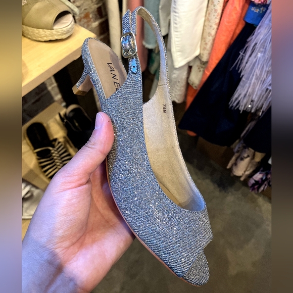 Vaneli Silver Peep Toe Slingback Heels - Picture 1 of 3